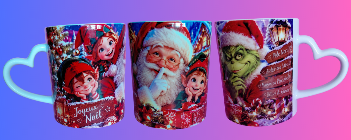 Mug lutins, père Noël et Grinch